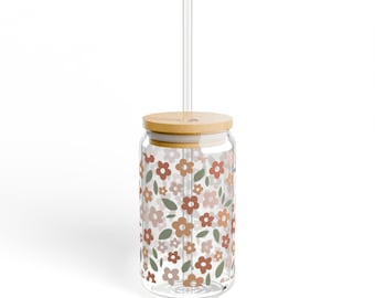 Flower Sipper Glass with Bamboo Lid & Straw, 16oz