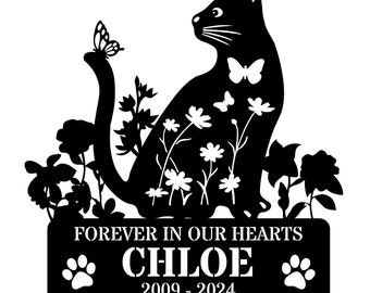 Aangepaste kat Memorial Yard Stakes - vlinder kat thema metalen decor - Cat Lovers metalen staken - bloemen lasergesneden kat staken - datum metalen bord