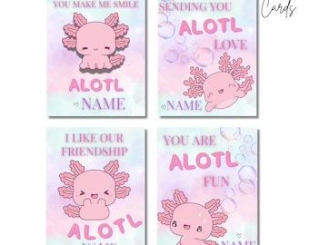 Tarjetas de San Valentín con ajolotes para imprimir - Tarjetas de San Valentín con ajolotes - Tarjetas de San Valentín para niños - Tarjetas de San Valentín imprimibles