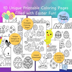May include: Ten printable coloring pages featuring Easter-themed illustrations. The pages include bunnies, eggs, flowers, and the text "Happy Easter".