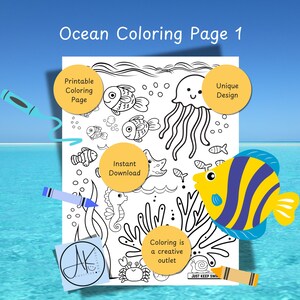 Op de afbeelding: Een zwart-witte printbare kleurplaat met een oceaan scène met verschillende zeedieren, waaronder een kwal, vissen, een zeepaardje, een krab en zeewier. De tekst "Ocean Coloring Page 1", "Printable Coloring Page", "Instant Download", "Unique Design" en "Coloring is a creative outlet" is op de pagina opgenomen.