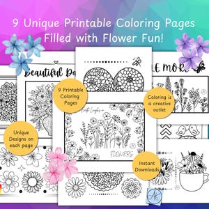 Flower Pack 2-Printable Coloring Pages, 9 designs, Spring, Summer, Mother&#39;s Day, May Day, Bouquets, Flowers, Positive, Bloom, May Day