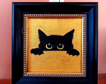 Black Cat Painting on Gold: Tiny Acrylic Pet Portrait