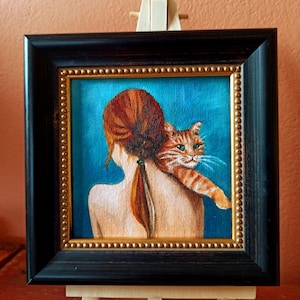 Femme avec un chat roux, peinture à l'huile originale, art contemporain miniature, peinture originale de chat, décoration d'intérieur petite peinture, art mural, cadeau unique