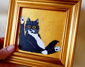 Tuxedo Cat Painting: Funny Fat Cat in Vintage Gold Frame