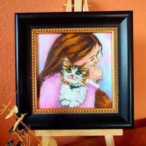 Miniature Oil Painting: Woman with Cat - Contemporary Home Decor
