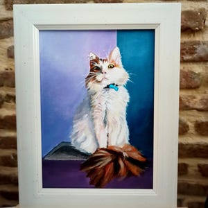 Portrait de chat duveteux, peinture acrylique originale, cadeau pour les propriétaires d'animaux de compagnie, oeuvre d'art émotionnelle unique en son genre, petite peinture portrait d'animal de compagnie, cadeau unique