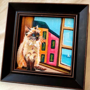 Peinture originale de chat, chat peint à la main 4 × 4 petit chat acrylique, décor, petite peinture d'art mural, oeuvre d'art unique originale encadrée, cadeau pour les amoureux des chats