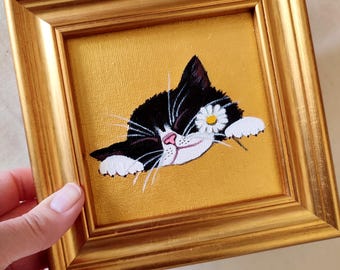 Tuxedo Cat Painting: Tiny Acrylic Art in Vintage Gold Frame,cat lovers gift