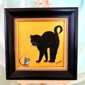 Dipinto di gatto nero con topo: originale opera d&#39;arte in acrilico dorato, piccola tela 4x4