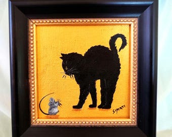 Black Cat Painting with Mouse: Original Acrylic Gold Accent Art, 4x4 Tiny Canvas