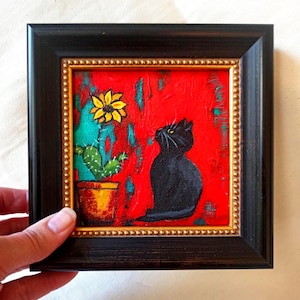 Chat noir avec fleur de cactus jaune, peinture originale, art peint à la main, idée cadeau chat mignon, cadeau pour amoureux des chats, décoration murale miniature chat noir