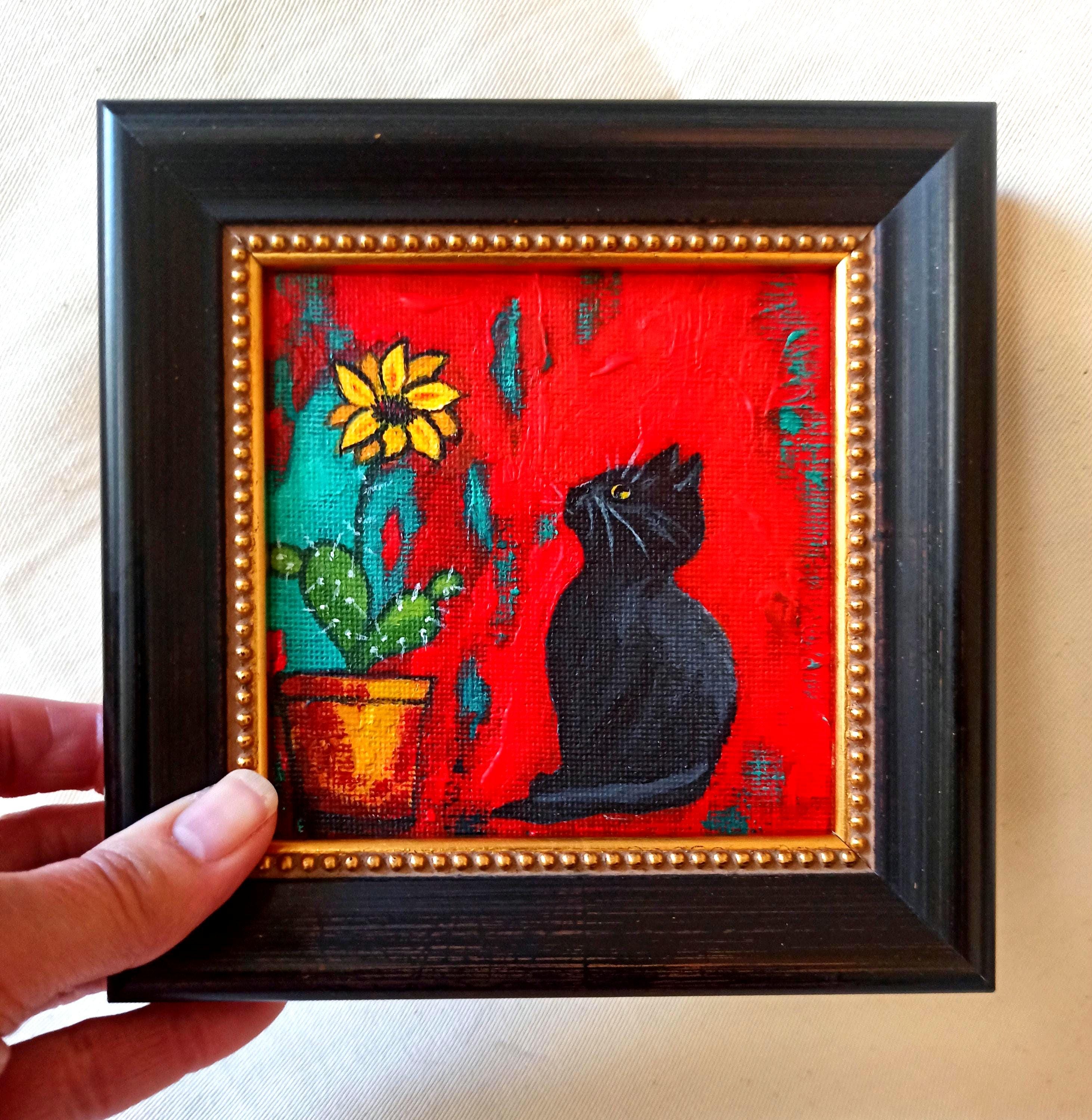 Black Cat Art: Cactus Flower, Original Miniature Acrylic Painting,  wall decor handmade art