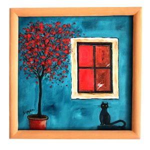 Corfu Black Cat Painting: Red Window, Greek Island Art
