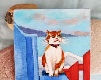 Santorini Cat Painting: Miniature Greek Island Art, Calico Kitten Oil Painting