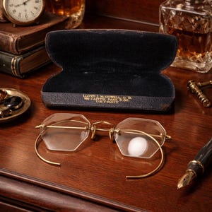 May include: Antique gold-rimmed eyeglasses with octagonal lenses rest on a wooden surface, next to a black case with gold lettering. A vintage clock, perfume bottles, and a fountain pen complete the scene.