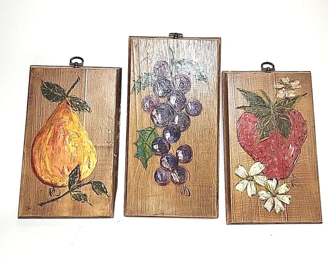 Vintage Hand Painted Fruit Wall Plaques - Signed RHJ Rustic Kitchen ...