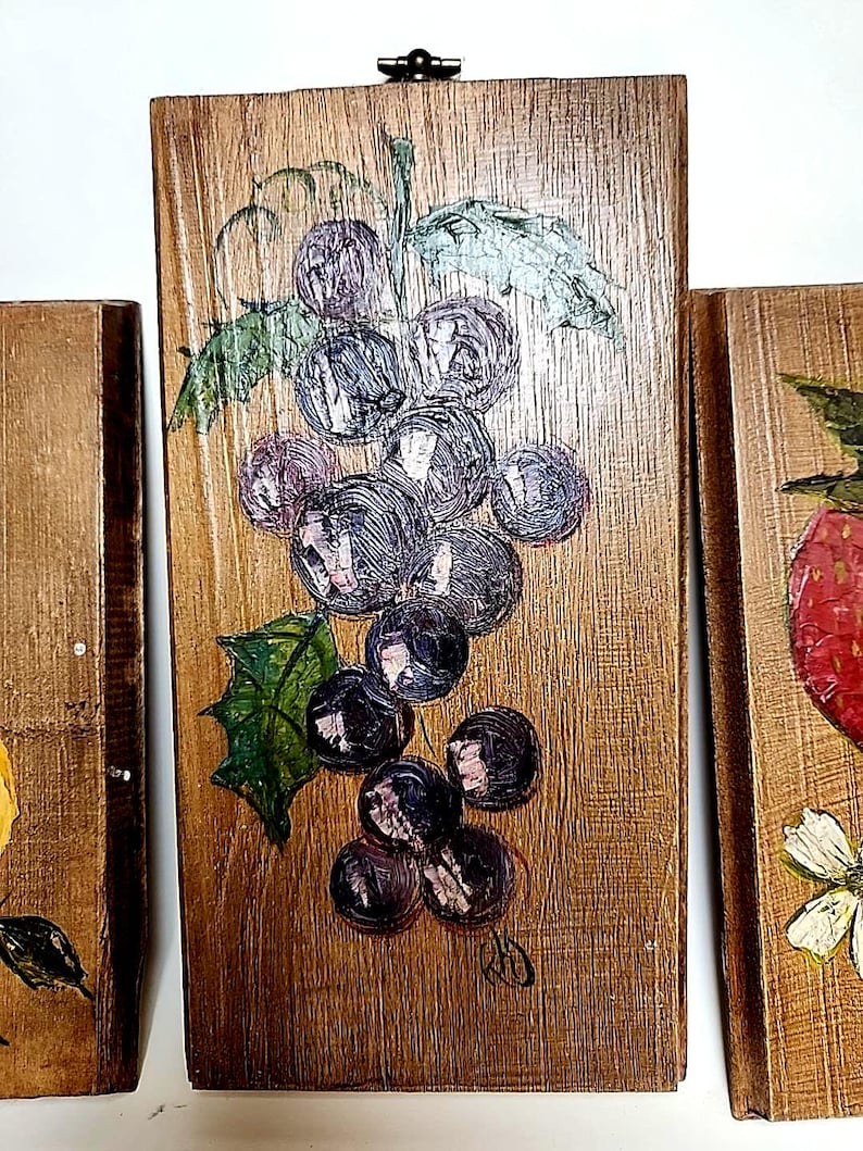 Vintage Hand Painted Fruit Wall Plaques - Signed RHJ Rustic Kitchen ...