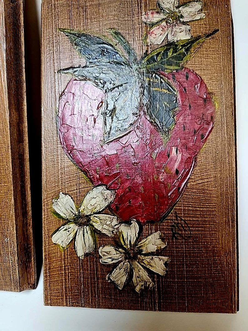 Vintage Hand Painted Fruit Wall Plaques - Signed RHJ Rustic Kitchen ...