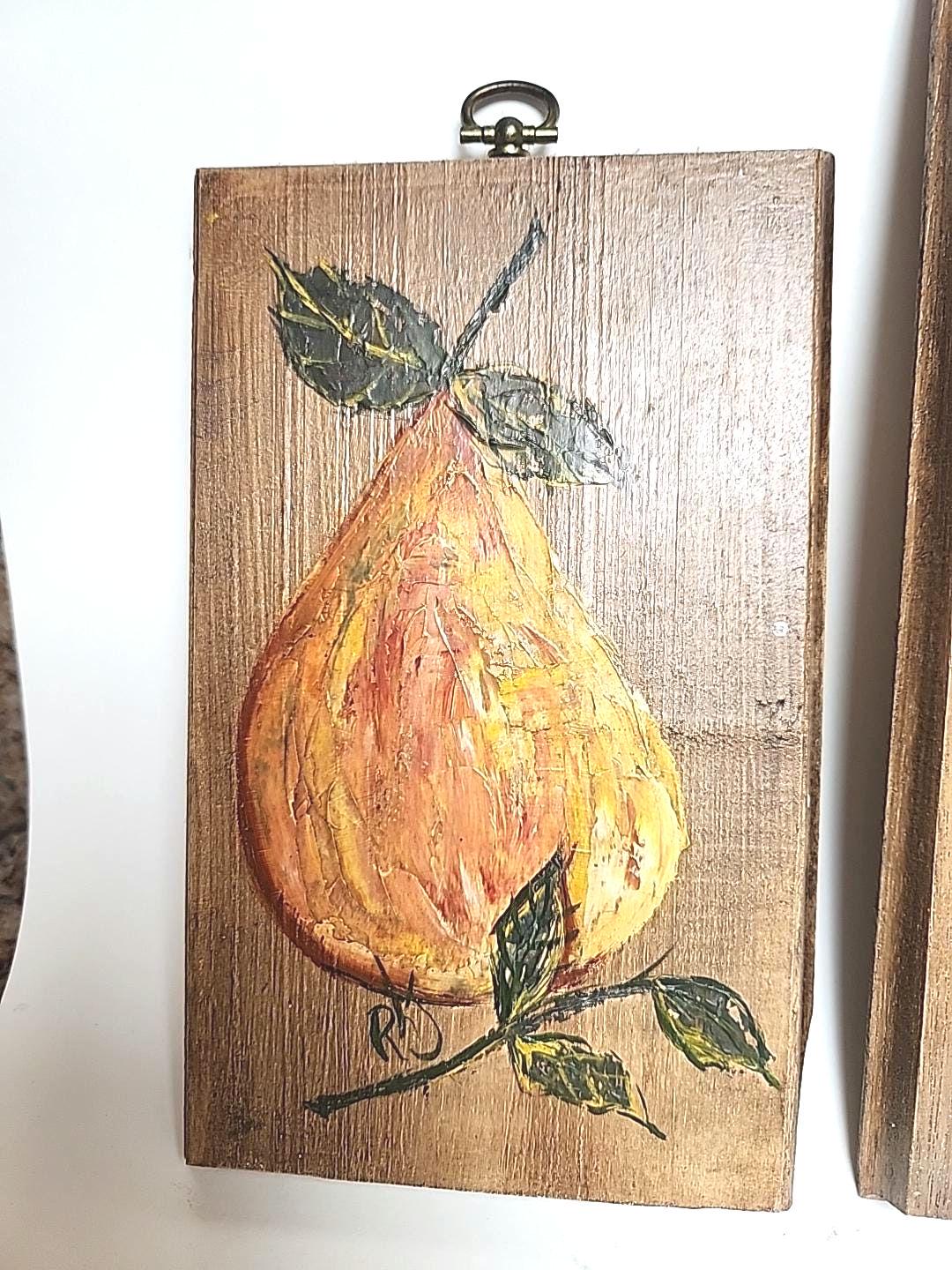Vintage Hand Painted Fruit Wall Plaques - Signed RHJ Rustic Kitchen ...