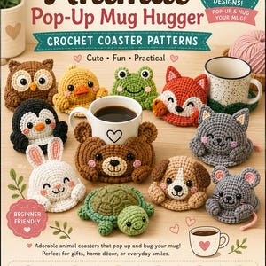 20 Animal Pop-Up Mug Hugger Crochet Coaster Patterns  Pop-Up Mug Hugger Bundle, Animal Cup Holder (PDF Download )