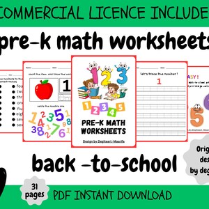 May include: A set of pre-k math worksheets, featuring the text "COMMERCIAL LICENCE INCLUDED" and "pre-k math worksheets". The worksheets include number tracing and counting activities, with "back-to-school" text. Includes "PDF INSTANT DOWNLOAD".