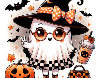 May include: A cartoon ghost character wearing a black witch hat with an orange polka dot bow, round glasses, and orange boots. The ghost is holding up two fingers. A pumpkin, a purse, and a drink are also in the image. Bats and leaves are in the background.