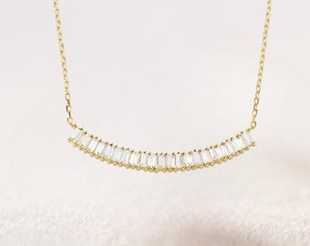 14K Solid Gold Baguette Diamond Bar Necklace: Dainty Layering Jewelry