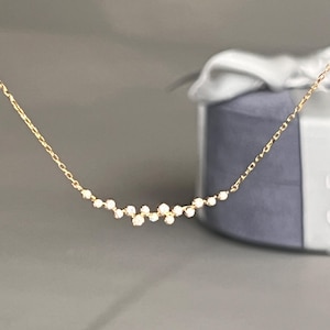 14k Gold Diamond Cluster Necklace, Curved Bar Pendant