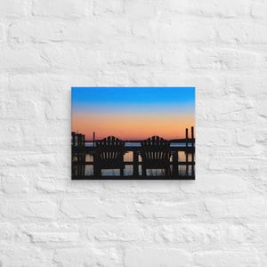 Sunset Silhouette by the Water – Peaceful Adirondack Chairs Coastal Print on Canvas, Elegant Wall Art