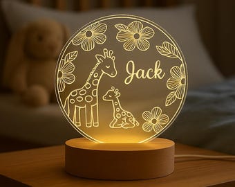 Personalized Giraffe Family LED Night Light - Custom Name Kids Room Decor