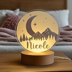 Personalized Mountain & Moon LED Night Light: Custom Kids Bedroom Decor