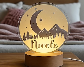Personalized Mountain & Moon LED Night Light: Custom Kids Bedroom Decor