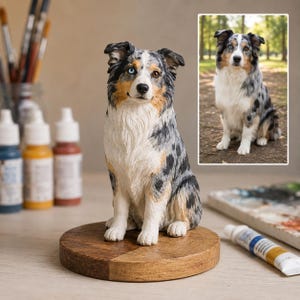 May include: A hand-painted figurine of an Australian Shepherd dog with blue and brown eyes, featuring a merle coat of gray, black, and white fur. The dog is sitting in an upright position on a circular wooden base, modeled after the dog in the photo.