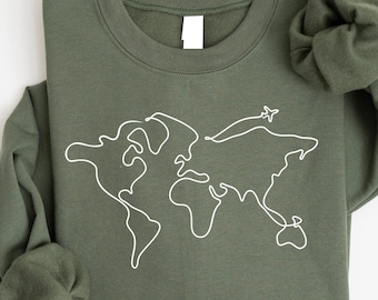 Suéter de viaje, sudadera de aventuras, sudadera con cuello redondo con mapa del mundo, camiseta gráfica de viaje por carretera, regalo de viaje para ella