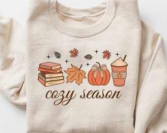 Cozy Season Sweatshirt, Books Lover Fall Gift, Women's Pumpkin Season Shirt, Cute Pumpkin Tshirt, Autumn Leaf Tee, Fall Coffee Latte Shirt