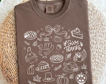 Comfort Colors Thanksgiving Doodle Shirt, Give Thanks Tshirt, Fall Thankful Tee, Women's Autumn Gift, Pumpkin Pie Sweater, Fall Harvest Tee