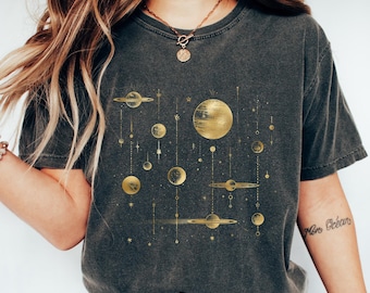 Camiseta celestial, camiseta espiritual de astrología, camiseta estética de luna, sudadera mística, cuello redondo con fases lunares, regalo para amantes de la astronomía, camiseta retro
