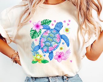 Comfort Floral Sea Turtle T-Shirt, Summer Woman Shirt, Beach Lover Shirts, Preppy Ocean Shirt, Gift For Nature Lover