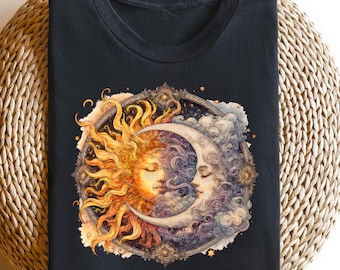 Retro komfort estetisk t-shirt, måne och sol-tröja, astronomi-tröja, boho måne och sol-tröja, himmelsk måne-tröja, rymdmåne kärleksgåva