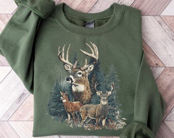 Hirsch Sweatshirt, 90er Jahre Retro Herbst Buck und Doe Deer Pullover, Americana Nostalgie Rundhalsausschnitt, Gemütliches Jäger-Shirt, Gemütliches Trad-Frauen-T-Shirt, Jäger-Geschenk