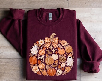 Pumpkin Ghost Fall Sweatshirt, Cute Autumn Plaid Ghost Bow Thanksgiving Holiday Seasonal Graphic Apparel Tee