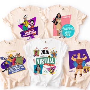 May include: Five beige and white t-shirts with colorful Disney character graphics. The shirts feature characters like Goofy, Pocahontas, and Hercules, with text indicating virtual 5K runs. The shirts are for the 2026 Virtual Series.