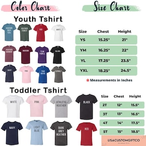 May include: A color chart and size chart for youth and toddler t-shirts. The color chart displays various t-shirt colors, including red, black, and navy. The size chart provides chest and height measurements in inches for each size, from YS to YXL for youth and 2T to 5T for toddlers.