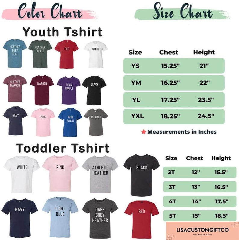 May include: A color chart and size chart for youth and toddler t-shirts. The color chart displays various t-shirt colors, including red, black, and navy. The size chart provides chest and height measurements in inches for each size, from YS to YXL for youth and 2T to 5T for toddlers.