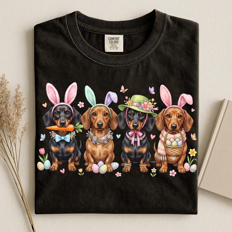 May include: Black t-shirt featuring four dachshunds dressed as Easter bunnies. Each dog wears bunny ears and festive accessories, including a carrot, floral collars, and a basket of eggs. Colorful butterflies and Easter eggs are scattered around.
