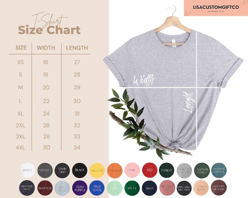 May include: T-shirt size chart with measurements in inches for width and length. Sizes range from XS to 4XL.  The chart is displayed next to a gray t-shirt on a hanger.  Below the chart is a color chart with 18 different color options.