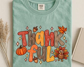 Comfort Colors® Thankful Shirt, Retro Fall Typography Graphic Tee, Cozy ThanksgivingT-Shirt Gift for Women, Teachers, Moms and Fall Lovers