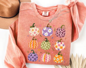 Comfort Colors Bright Pumpkin Sweatshirt, Cute Fall Pumpkin Pattern Sweater, Autumn Aesthetic Cottagecore Harvest Season Thanksgiving