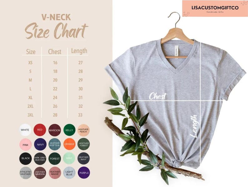 May include: A light gray V-neck t-shirt hanging on a wooden hanger, with a size chart and color options displayed. The size chart shows chest and length measurements in inches. The shirt is knotted at the bottom.